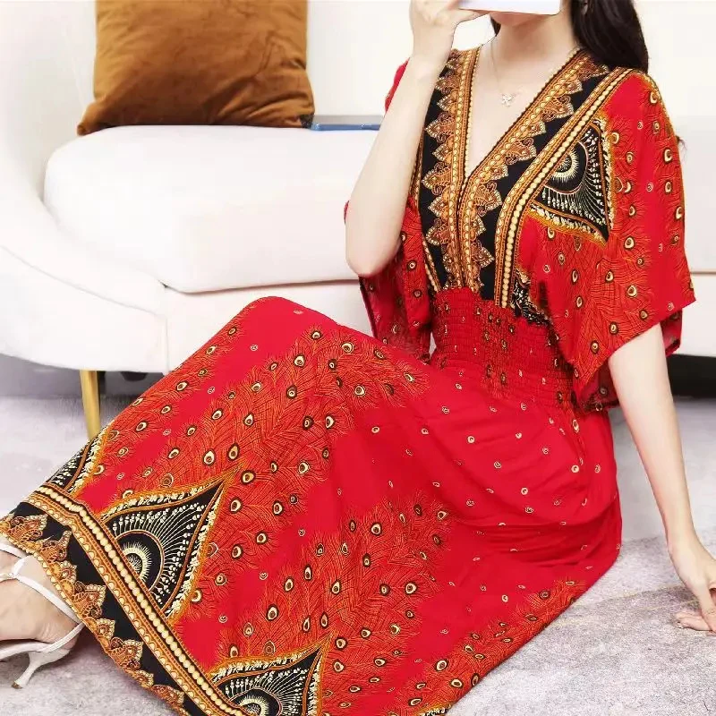 Casual Elegant Retro Bohemian National Style V-neck Elastic Waist Large Swing Printed Summer Long Skirt Woman Dress Clothes - Image 51