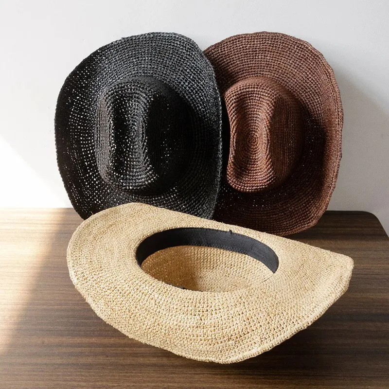 Ins Hand-crocheted Natural Raffia Straw Sun Hats Cowboy Hat for Women Men Summer Wide Brim Panama Outdoor Breathable Beach Caps - Image 5