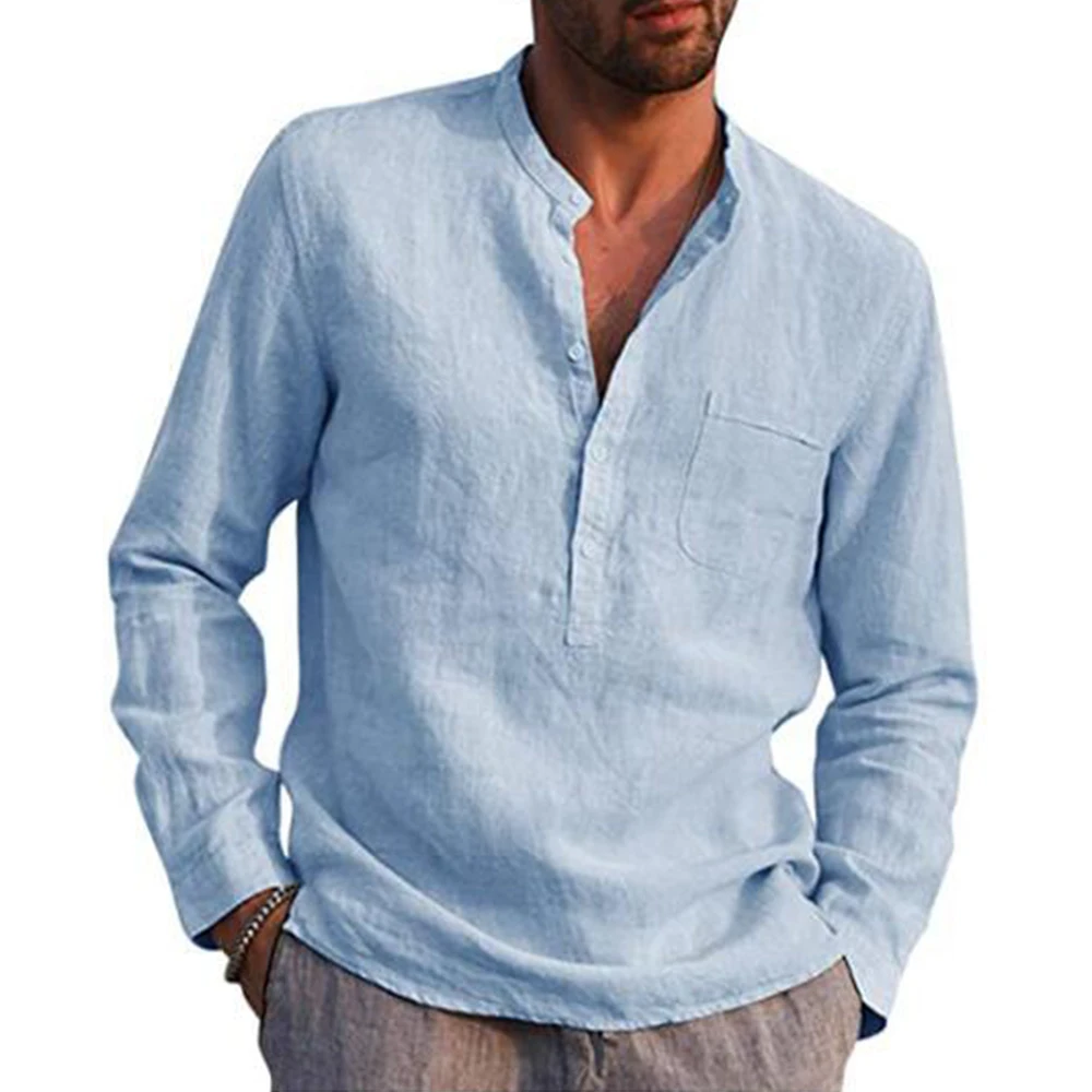 Cotton Linen Hot Sale Men's Long-Sleeved Shirts Summer Solid Color Stand-Up Collar Casual Beach Style Plus Size - Image 12
