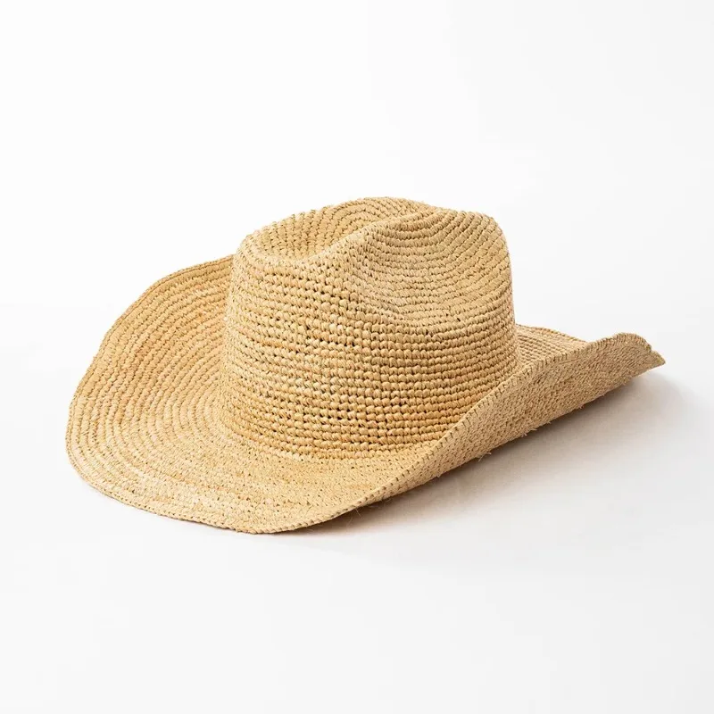 Ins Hand-crocheted Natural Raffia Straw Sun Hats Cowboy Hat for Women Men Summer Wide Brim Panama Outdoor Breathable Beach Caps - Image 4