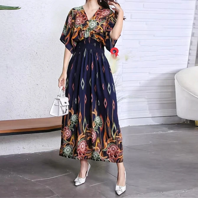 Casual Elegant Retro Bohemian National Style V-neck Elastic Waist Large Swing Printed Summer Long Skirt Woman Dress Clothes - Image 22