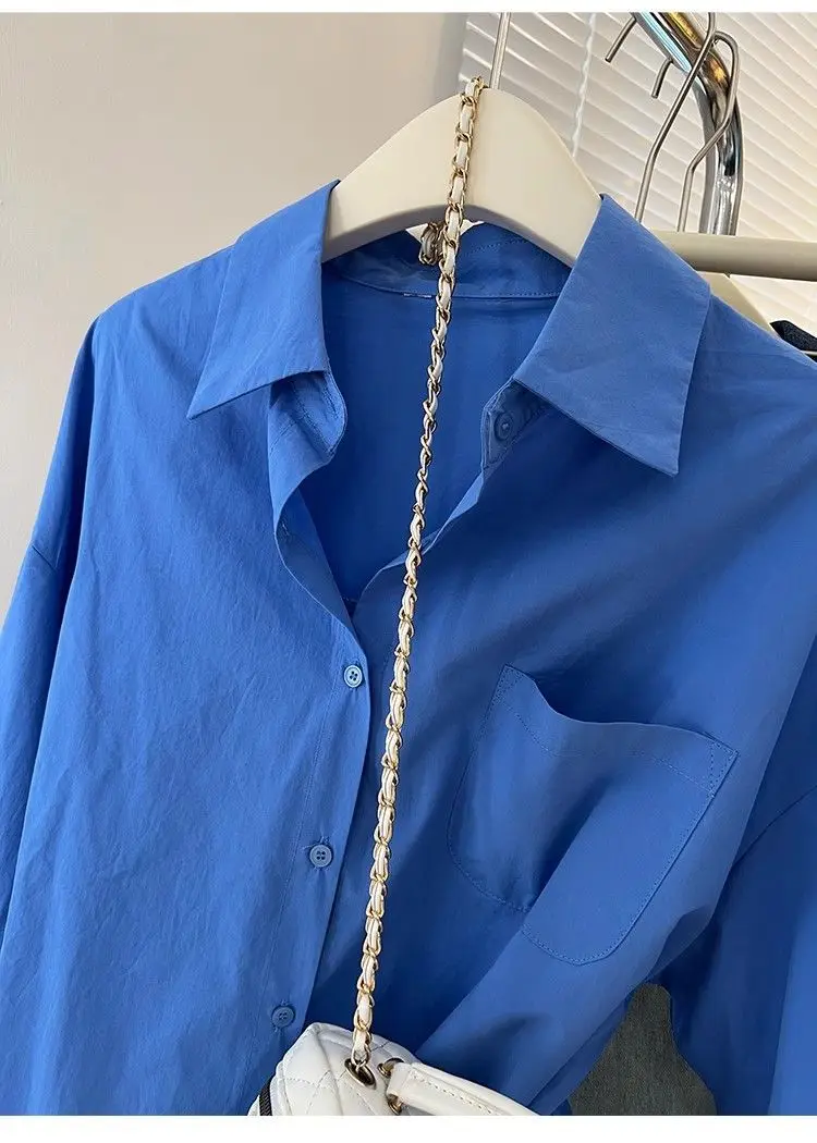 Solid Color Long Sleeve Women's Shirt with Pocket Loose Button Up Casual Blouse Woman 2026 New Spring Summer All-Match Shirt Top - Image 22
