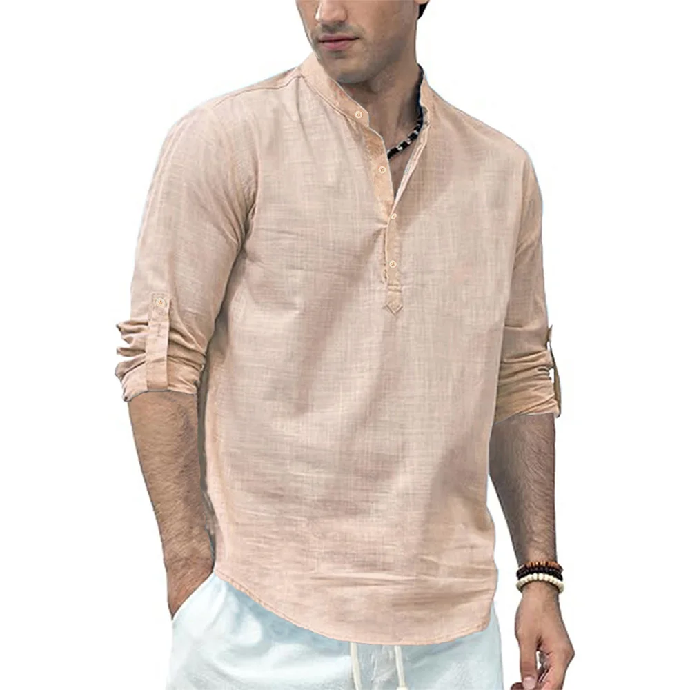 Men's Cotton Linen Long Sleeve Polo Shirt Lightweight Henley Neck Hawaiian Beach Style Solid Color Tops Vacation T-shirt - Image 8