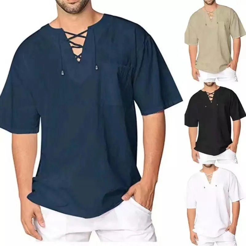 Plus Size Men's Tee Shirt Solid Tops Pullover V Neck Lace-up Loose Top Summer Holiday Beach Casual Half Sleeve Tops Linen Top - Image 6