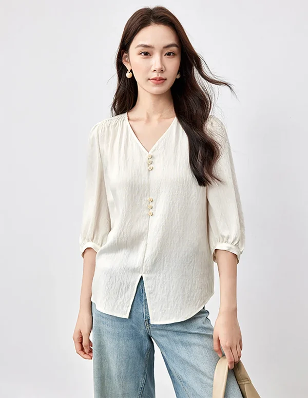 SENTUBILA Linen Blend Apricot Blouses for Women 2025 Summer Three Quarter Puff Sleeve Slit Button Cozy Pullover 152C59081