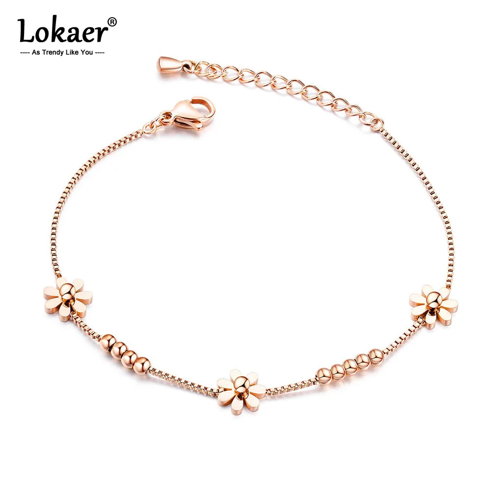 Lokaer Titanium Steel Rose Gold Plated Small Fresh Daisy Charm Bracelet Female Jewelry Trendy Chain & Link Bracelets B18196