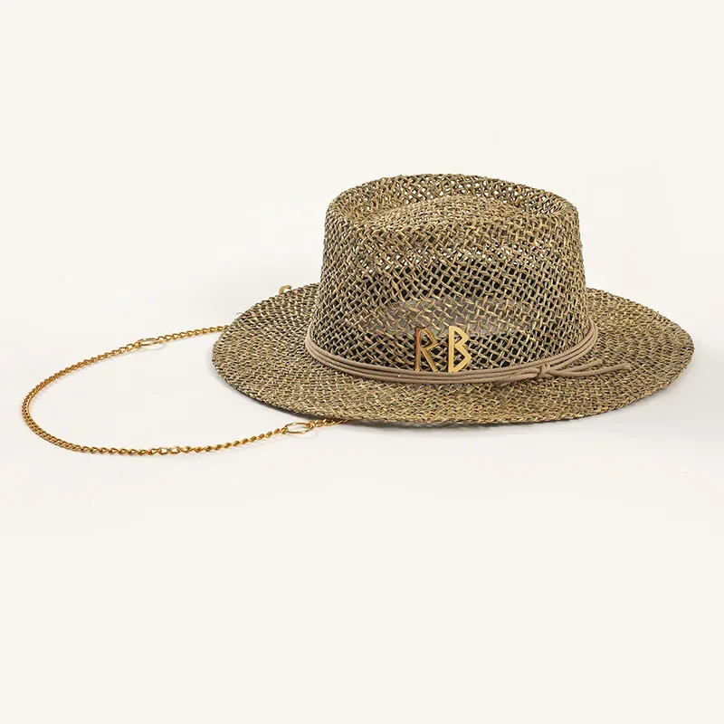 Panama Straw Sun Hat Wide Brim UPF50+ Foldable, Navy & Beige Contrast Beach Hat Adjustable Chin Strap Women Summer - Image 8