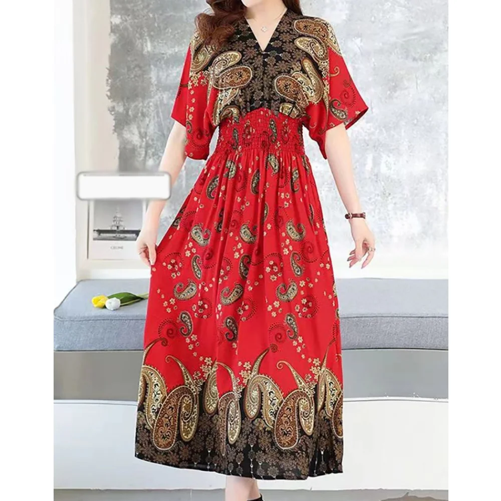 Casual Elegant Retro Bohemian National Style V-neck Elastic Waist Large Swing Printed Summer Long Skirt Woman Dress Clothes - Image 47