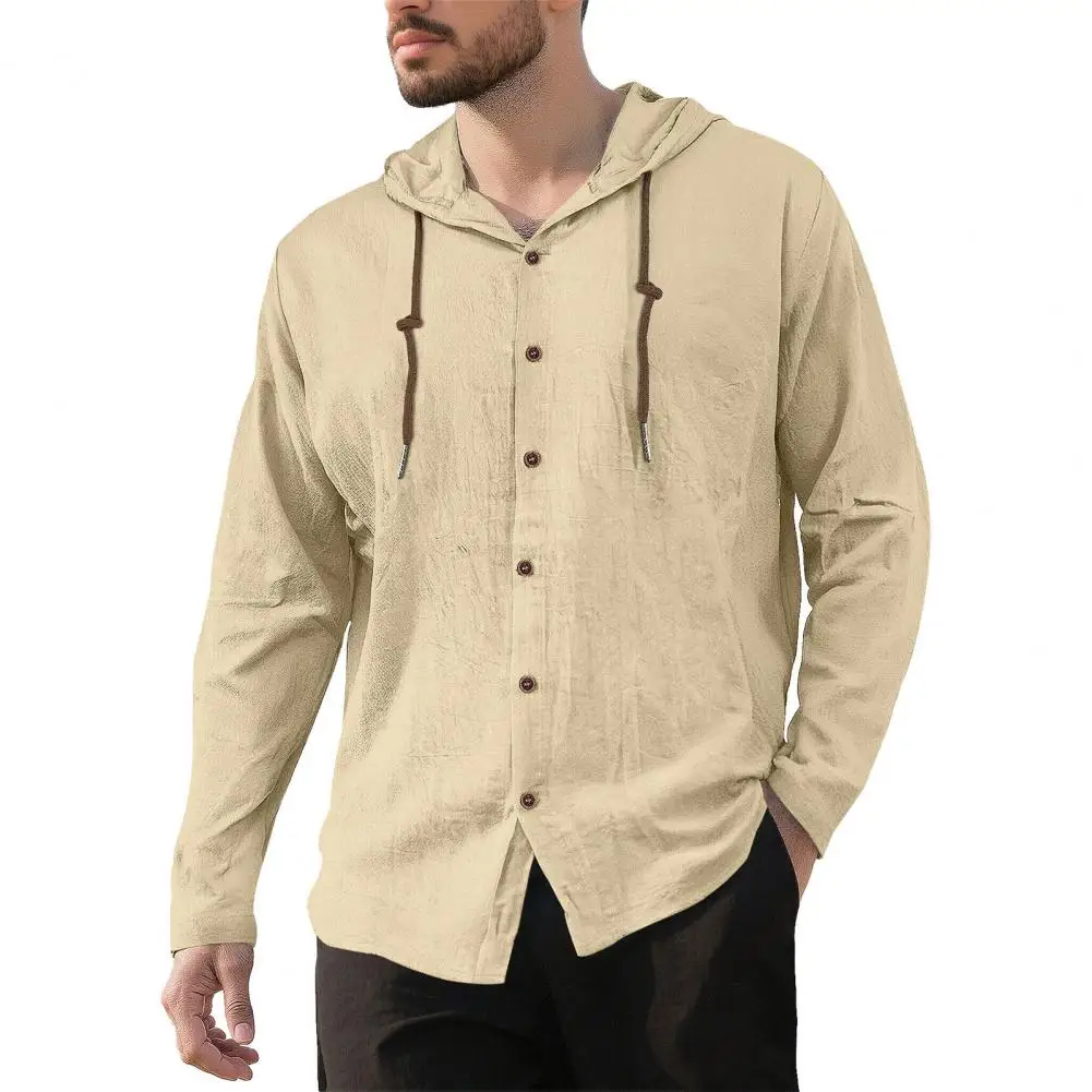 Men's Fashion Casual Shirt, Hooded Drawstring Cotton And Linen Cardigan, Trendy And Versatile Loose Beach T-shirt - Image 9