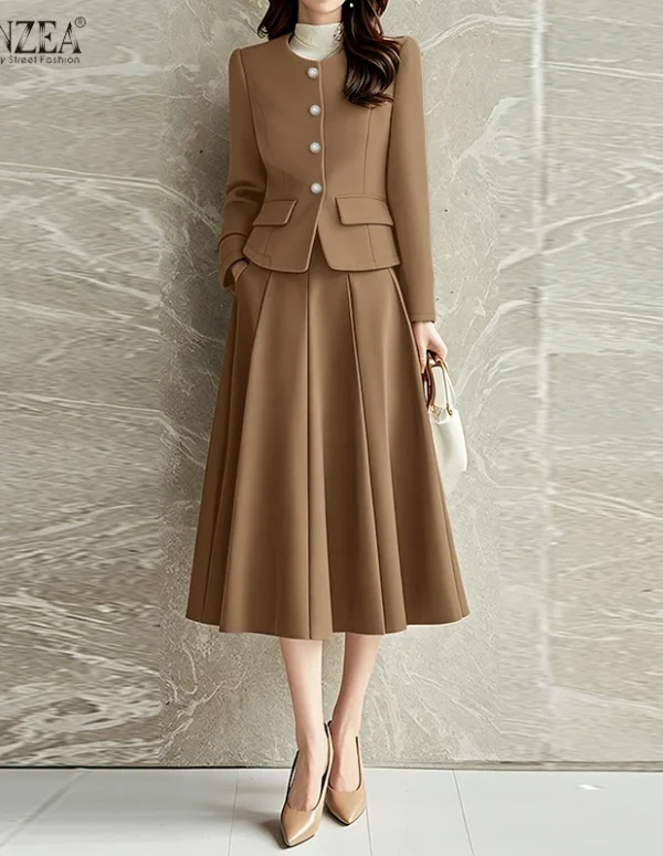 Elegant Office 2 Pieces Sets ZANZEA 2026 Spring Outfits Women Long Sleeve Blouse Dress Suit Stylish Solid OL Work Skirt Sets