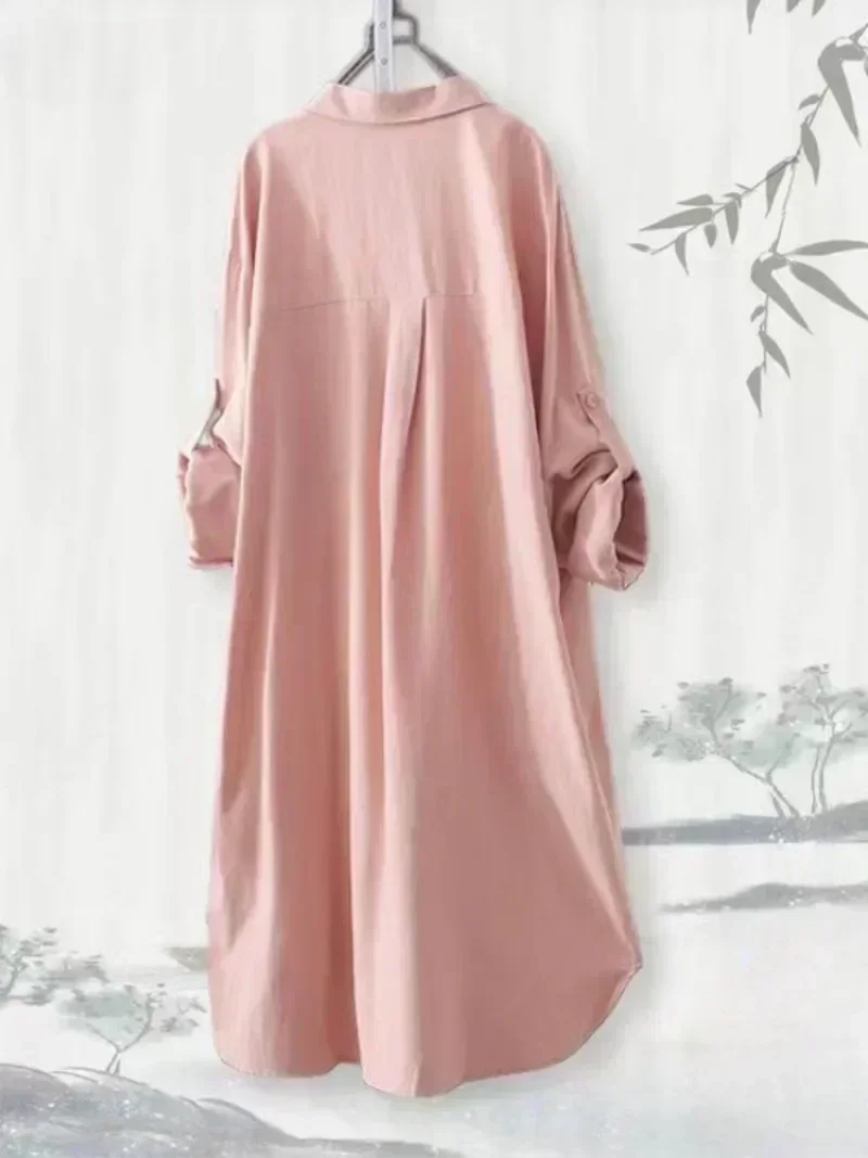 Plus Size Women Simple Long Sleeve Blouse Chic Korean Style Loose Fit Breathable Shirt Casual Autumn Solid Color Midi Tunic Tops - Image 15