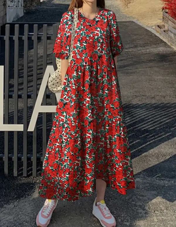 ZANZEA Summer Bohemian Dress Women Vintage Short Sleeve Floral Printed Vestidos Maxi Robe Femme Casual Beach Holiday Sundress