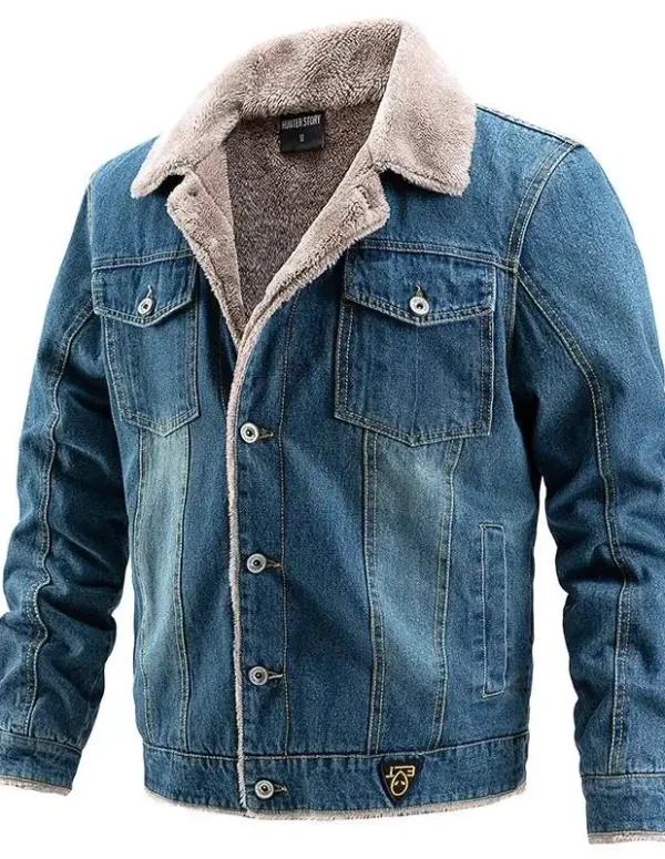 Denim Autumn Winter Pocket Single-Breasted Solid Color Velvet Thickened Lapel Washed Cotton Fashion Men's Jacket