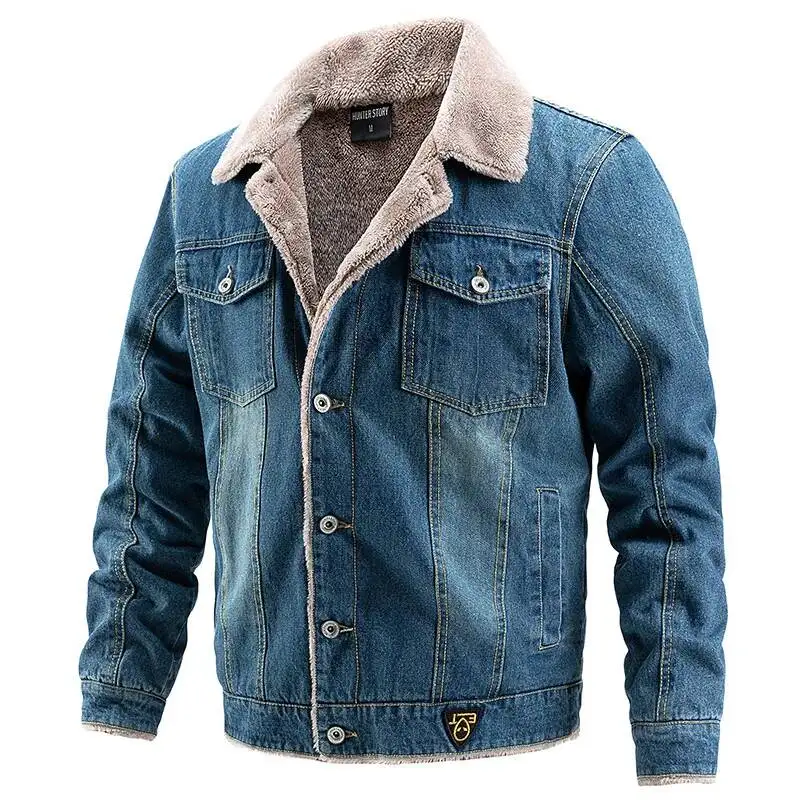 Denim Autumn Winter Pocket Single-Breasted Solid Color Velvet Thickened Lapel Washed Cotton Fashion Men's Jacket