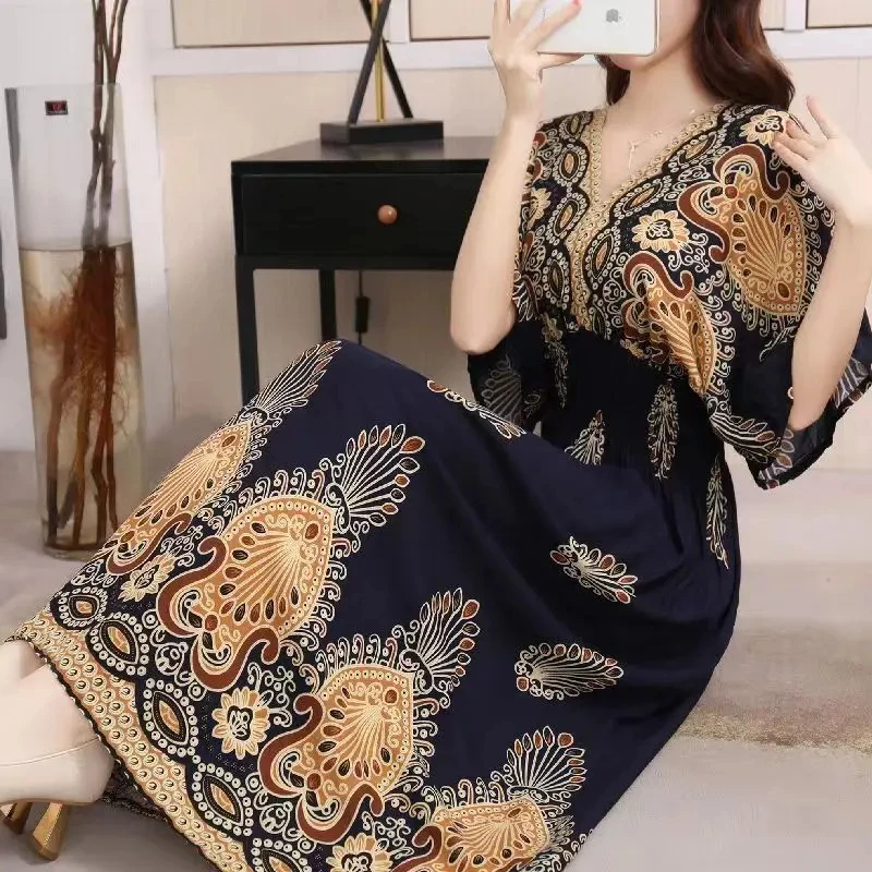 Casual Elegant Retro Bohemian National Style V-neck Elastic Waist Large Swing Printed Summer Long Skirt Woman Dress Clothes - Image 56