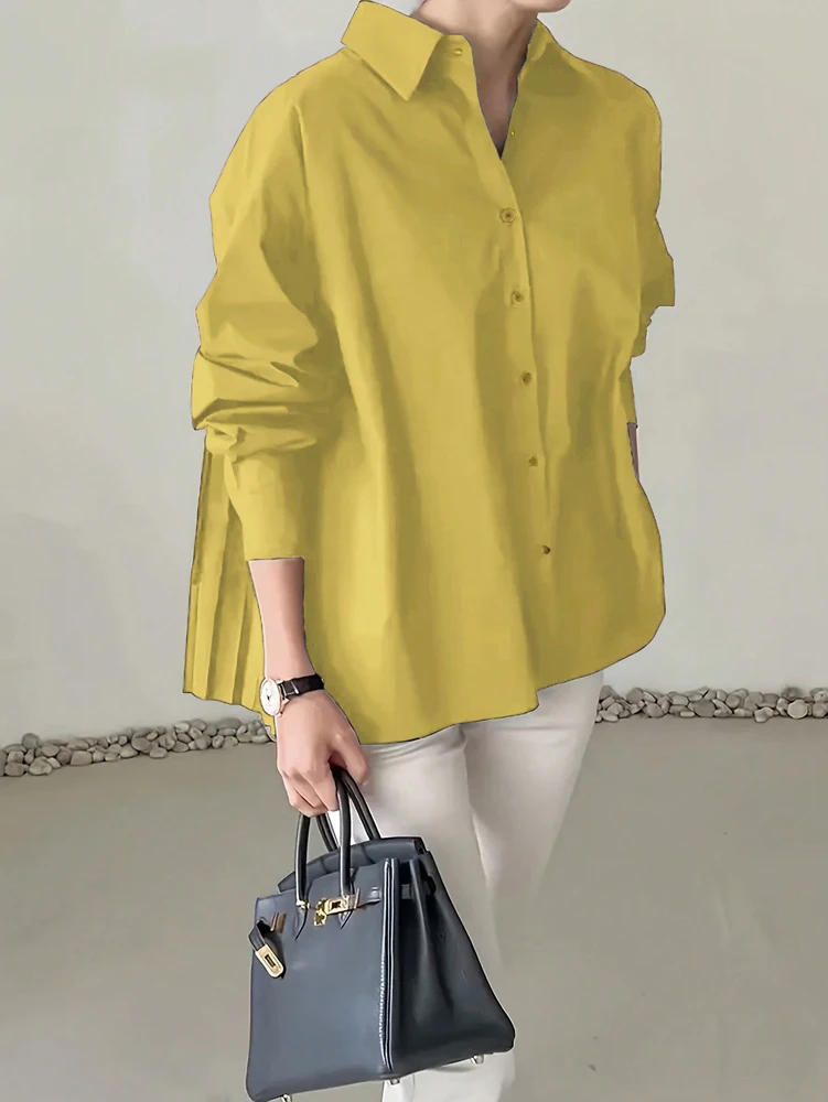 Plus Size 2025 Spring and Summer New Women's POLO Collar Pleated Casual Single Row Button Shirt Blouse Solid Color - Image 17