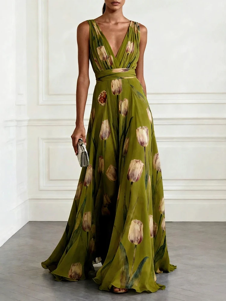 Temperament tulip print summer new slim fit women's evening dress casual fashion party V-neck chiffon long dress - Image 4