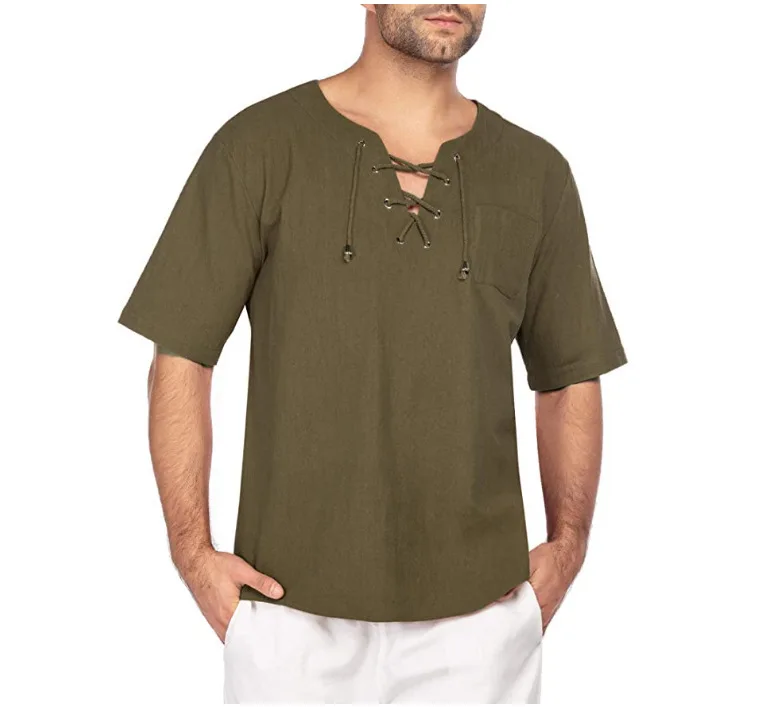 Plus Size Men's Tee Shirt Solid Tops Pullover V Neck Lace-up Loose Top Summer Holiday Beach Casual Half Sleeve Tops Linen Top - Image 8