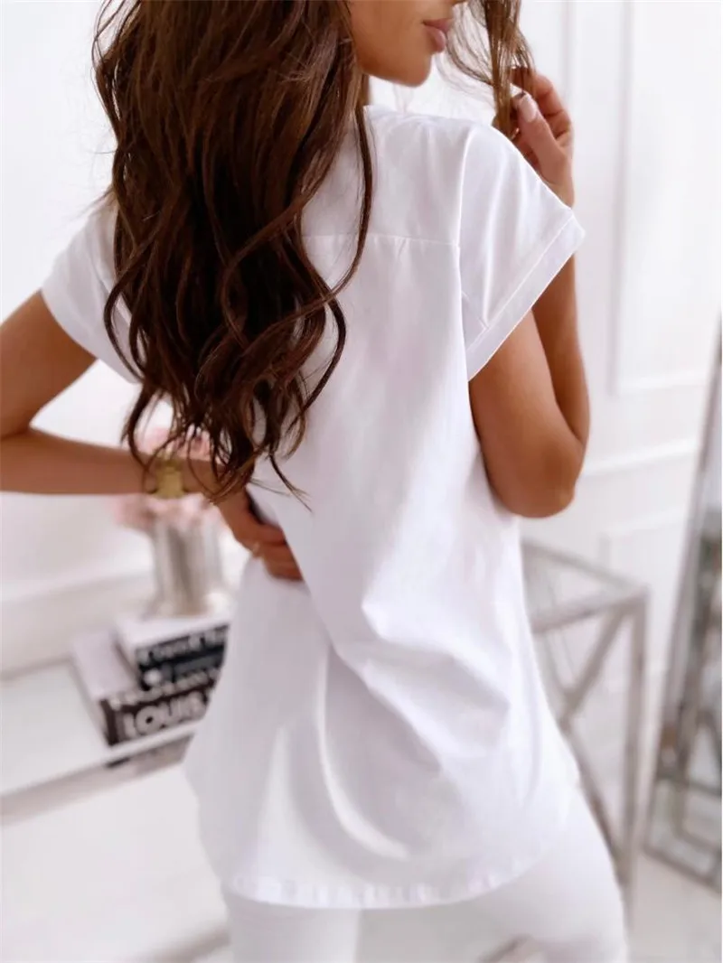 Summer Basic Blue White Shirt Women Fashion Solid V-Neck Short Sleeve Ladies Loose Tops Shirts Streetwear Casual Women Blouses - Image 19