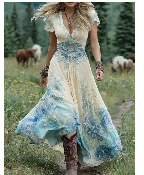 Sexy Retro Ethnic V Neck Long Dress Woman Elegant Boho Print A-Line Spliced Maxi Dress Summer Short Sleeve Holiday Evening Dress - Image 13