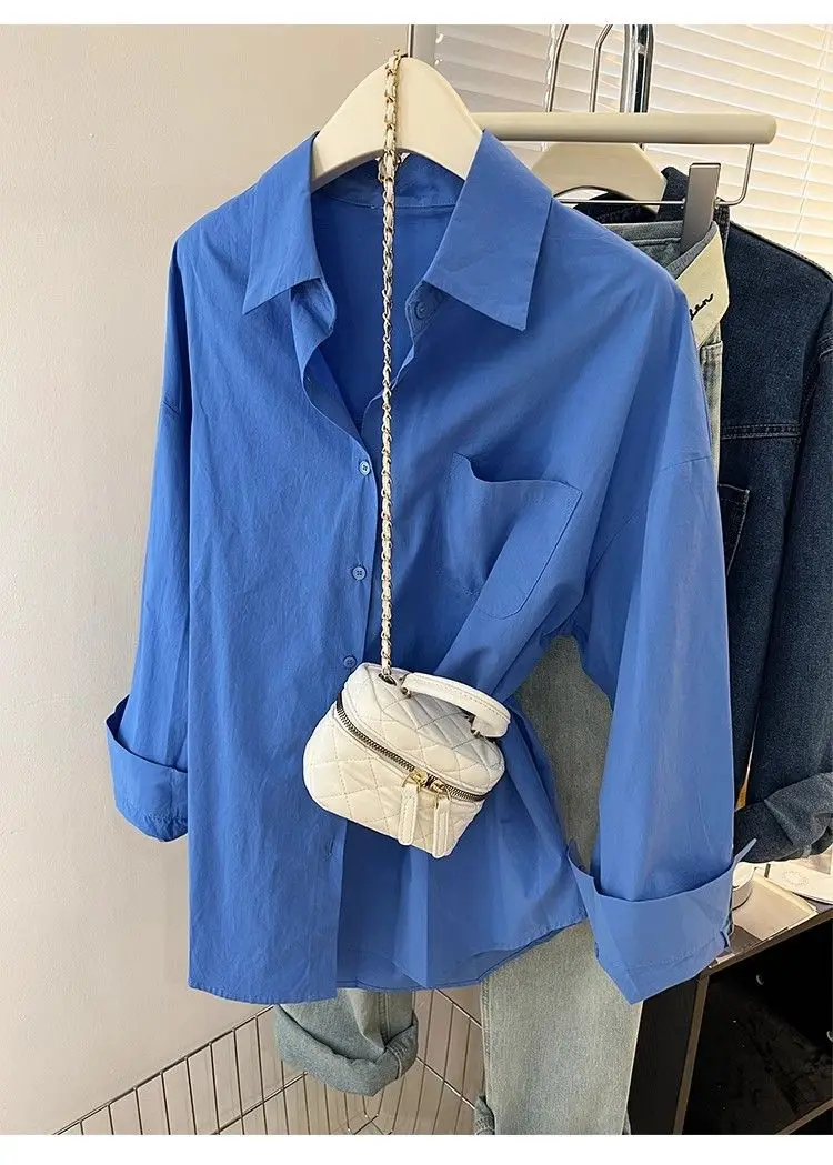Solid Color Long Sleeve Women's Shirt with Pocket Loose Button Up Casual Blouse Woman 2026 New Spring Summer All-Match Shirt Top - Image 20