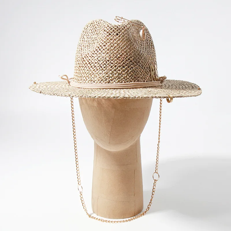 Panama Straw Sun Hat Wide Brim UPF50+ Foldable, Navy & Beige Contrast Beach Hat Adjustable Chin Strap Women Summer - Image 10