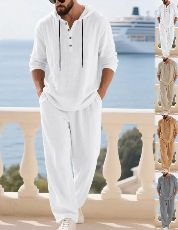 Men's Linen Casual Set 2 Pieces Spring Summer Loose Fit Hooded Henley Shirt & Pants Set Breathable Outdoor Vacation Style