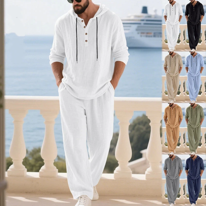 Men's Linen Casual Set 2 Pieces Spring Summer Loose Fit Hooded Henley Shirt & Pants Set Breathable Outdoor Vacation Style