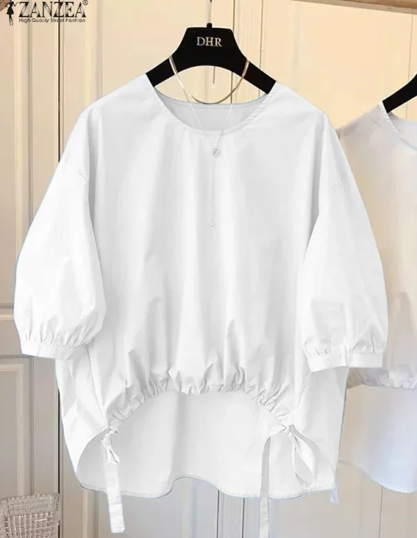 ZANZEA Women's High-Low White Blouses 2025 Autumn O-Neck 3/4 Lantern Sleeve Drawstring Hem Solid Color Tops Street Fashion 3XL