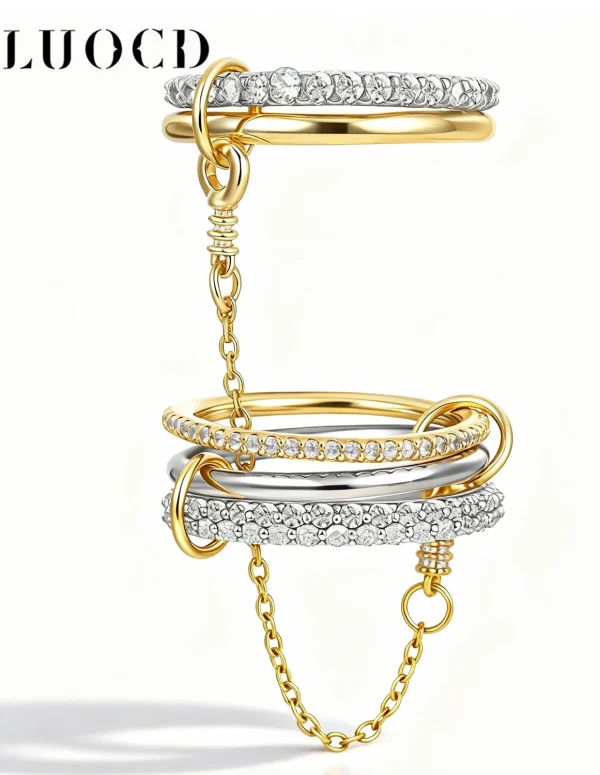 5pcs Gold Plated Linked Chain Stackable Rings for Women Statement Cubic Zirconia Interlocking Rings Multi-Link Connected Jewelry