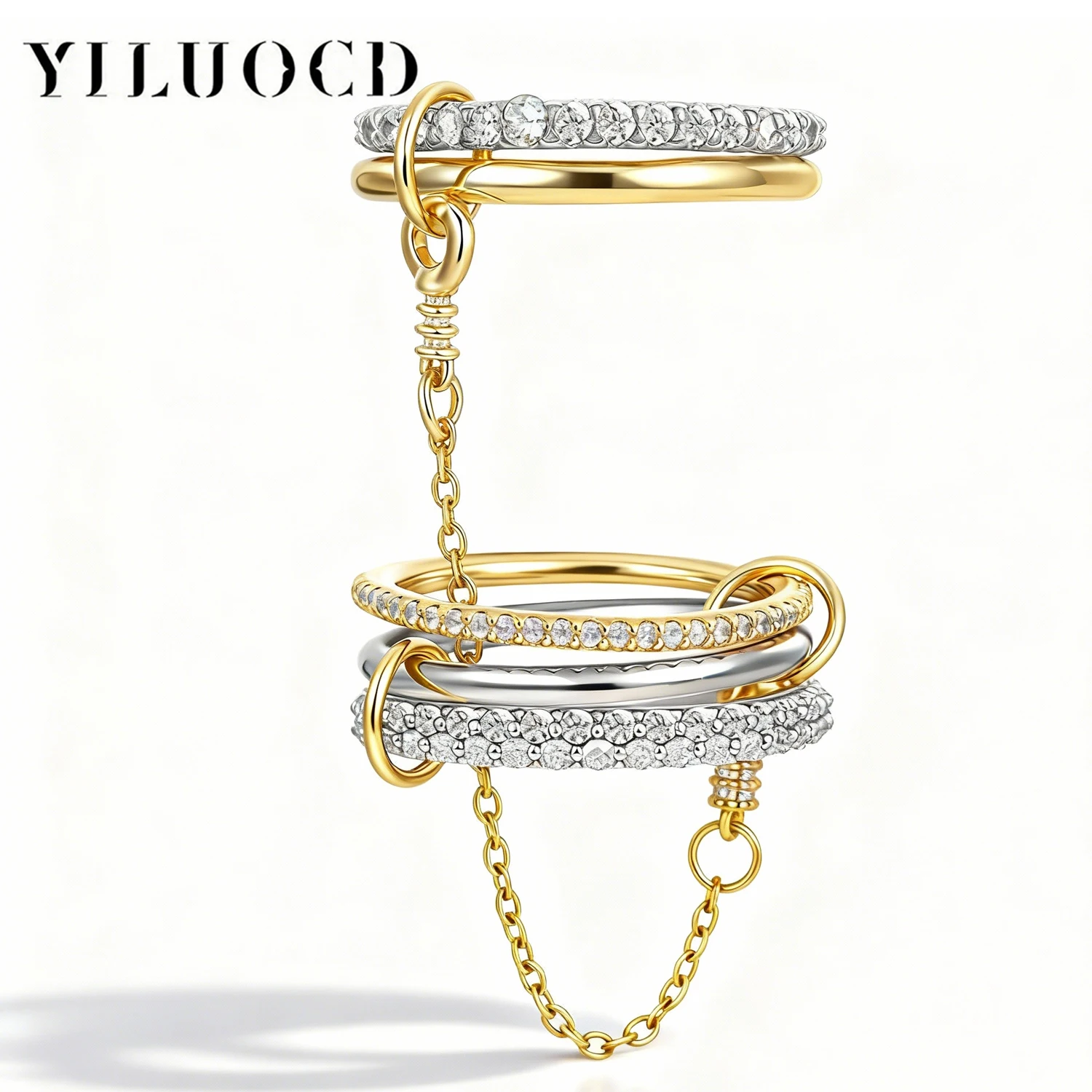 5pcs Gold Plated Linked Chain Stackable Rings for Women Statement Cubic Zirconia Interlocking Rings Multi-Link Connected Jewelry