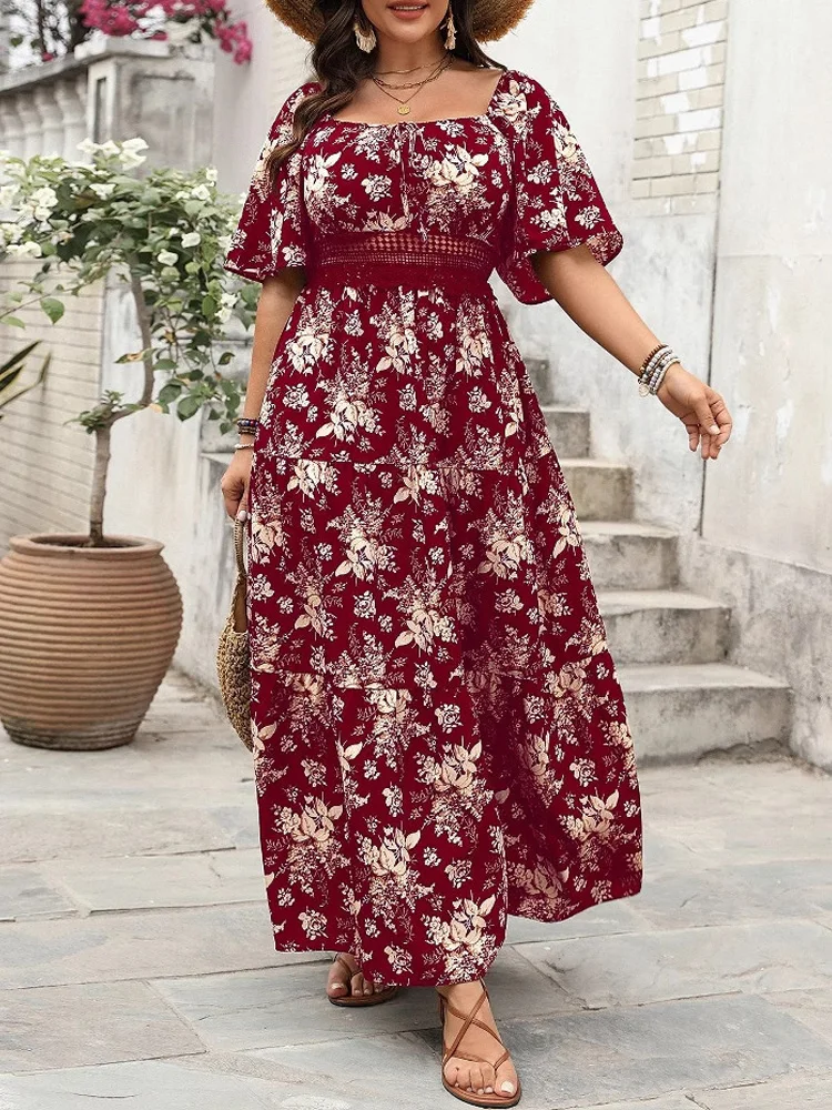 GIBSIE Plus Size Square Neck Floral Print Maxi Dress Women Summer 2025 Knot Front Hollow Out Boho Vacation Big Swing Dresses - Image 8