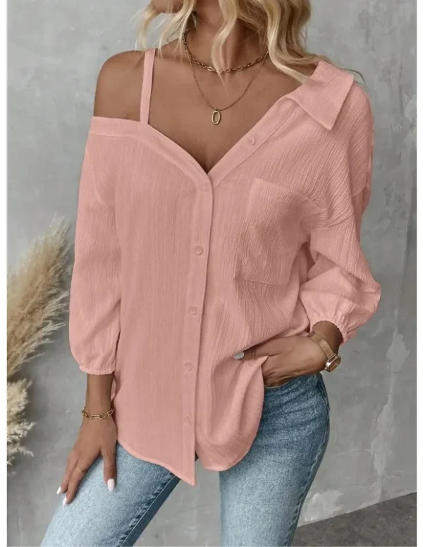 Plus Size1XL-5XL Women Blouses Top Lady Single Breasted Off Shoulder Pocket Asymmetrical Female Casual Overshirt