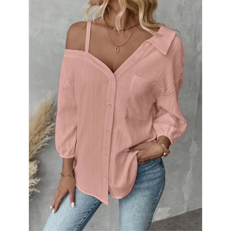 Plus Size1XL-5XL Women Blouses Top Lady Single Breasted Off Shoulder Pocket Asymmetrical Female Casual Overshirt