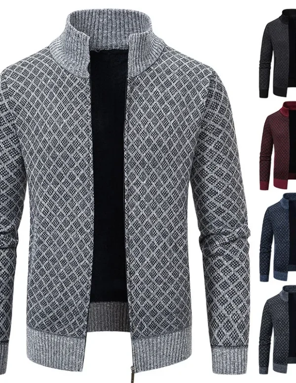 2025 Men's Casual High Collar Long Sleeve Knitted Top with Velvet Warmth for Autumn and Winter Fashion Multi Functional Jacket