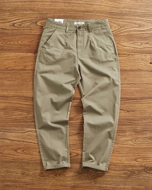 Autumn New American Retro Woven Twill Slim Chino Busniess Pants Men's Simple 98% Cotton Washed Casual Straight Tapered Trousers