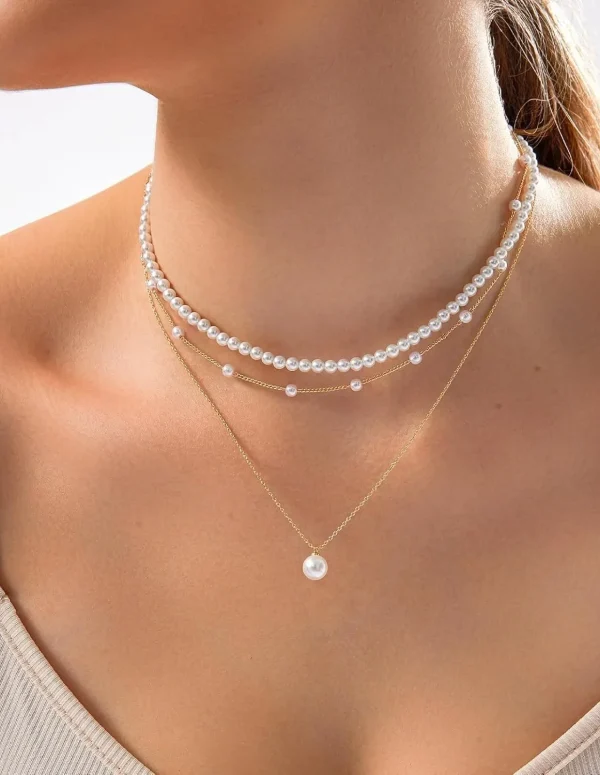 Wedding Trendy Gold Jewelry for Women Anniversary Gifts, Gold Plated Pearl Necklace for Women Dainty Layered Pearl Choker