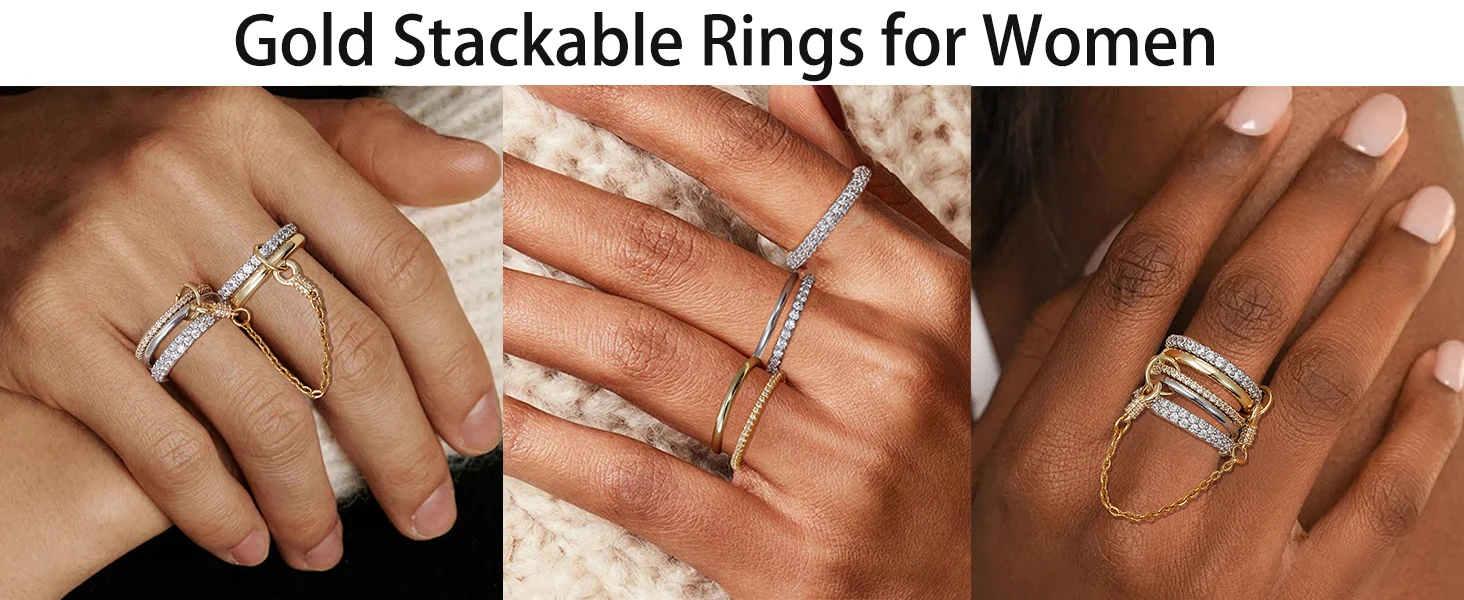 5pcs Gold Plated Linked Chain Stackable Rings for Women Statement Cubic Zirconia Interlocking Rings Multi-Link Connected Jewelry - Image 8