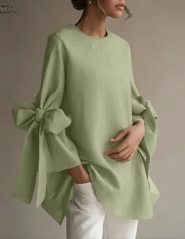 ZANZEA Fashion Bow 3/4 Sleeve Blouse Women Elegant Office Lady Shirts Summer Spring O-Neck Casual Loose Solid Party Tops Blusas