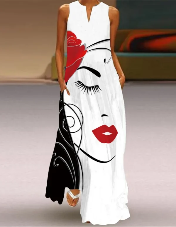 Vintage Print Maxi Dress For Women Summer Loose Sleeveless Long Dresses Elegant Lady V Neck Pocket Boho Beach Sundress Vestidos