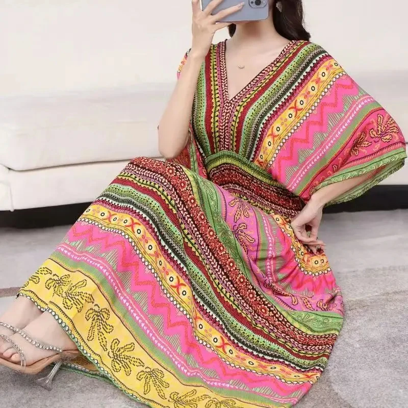 Casual Elegant Retro Bohemian National Style V-neck Elastic Waist Large Swing Printed Summer Long Skirt Woman Dress Clothes - Image 26