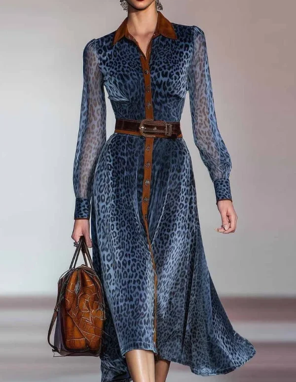 Women Elegant Dress Leopard Printed Mesh Dress Colorblock Lapel Collar Single Breasted Vintage Chic Long Sleeve Dress