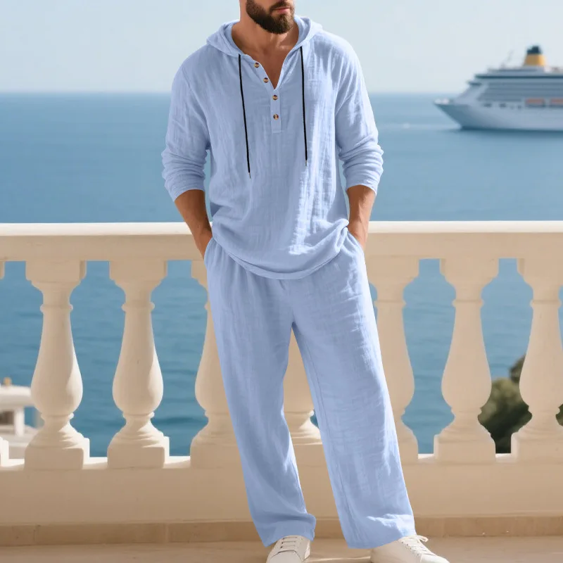Men's Linen Casual Set 2 Pieces Spring Summer Loose Fit Hooded Henley Shirt & Pants Set Breathable Outdoor Vacation Style - Image 9