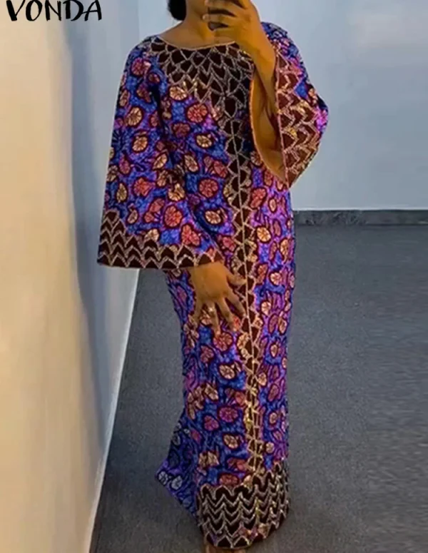 VONDA Bohemian Party Dress Elegant Women Printing Sundress Vintage Flare Long Sleeve Maxi Vestidos Oversized O-Neck Robe Femme