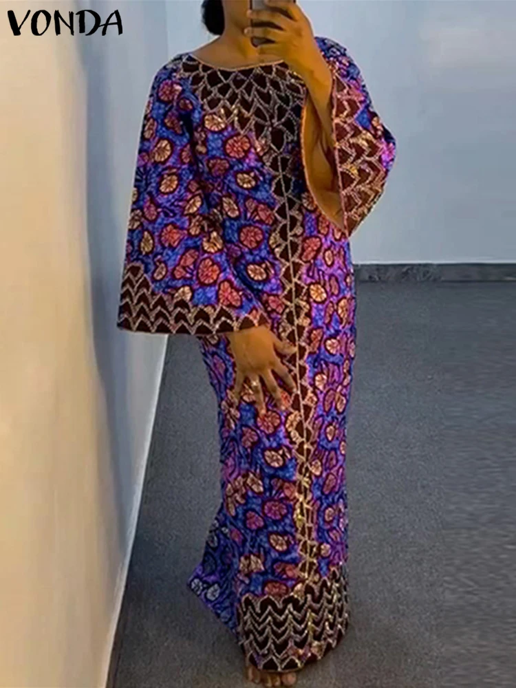 VONDA Bohemian Party Dress Elegant Women Printing Sundress Vintage Flare Long Sleeve Maxi Vestidos Oversized O-Neck Robe Femme