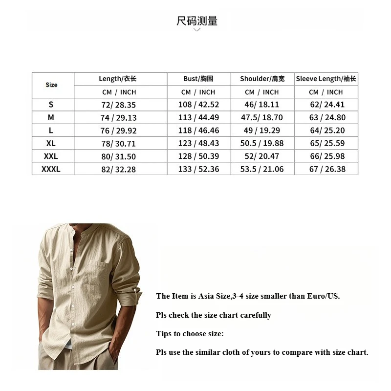 Men's Linen Mandarin Collar Shirt - Breathable Wrinkle-Free New Chinese Style with Pocket (Beige/Black/White, S-XXXL) Wholesale - Image 13