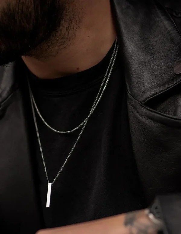 Vnox 3D Vertical Bar Necklaces for Men, Layering Stainless Steel Geometric Pendant, Layered Wheat Rope Cuban Chain, Boy Collar