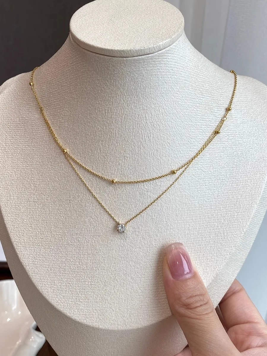 Stylish Shiny Zircon Double Layer Staniless Steel Waterproof Gold Plated Choker Necklace Stacked Fashion Jewelry Gift for Women - Image 3