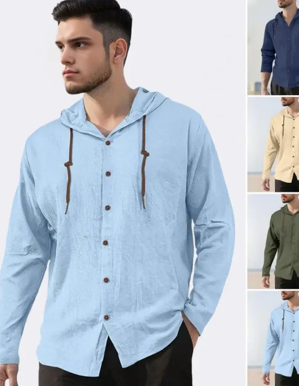 Men's Fashion Casual Shirt, Hooded Drawstring Cotton And Linen Cardigan, Trendy And Versatile Loose Beach T-shirt