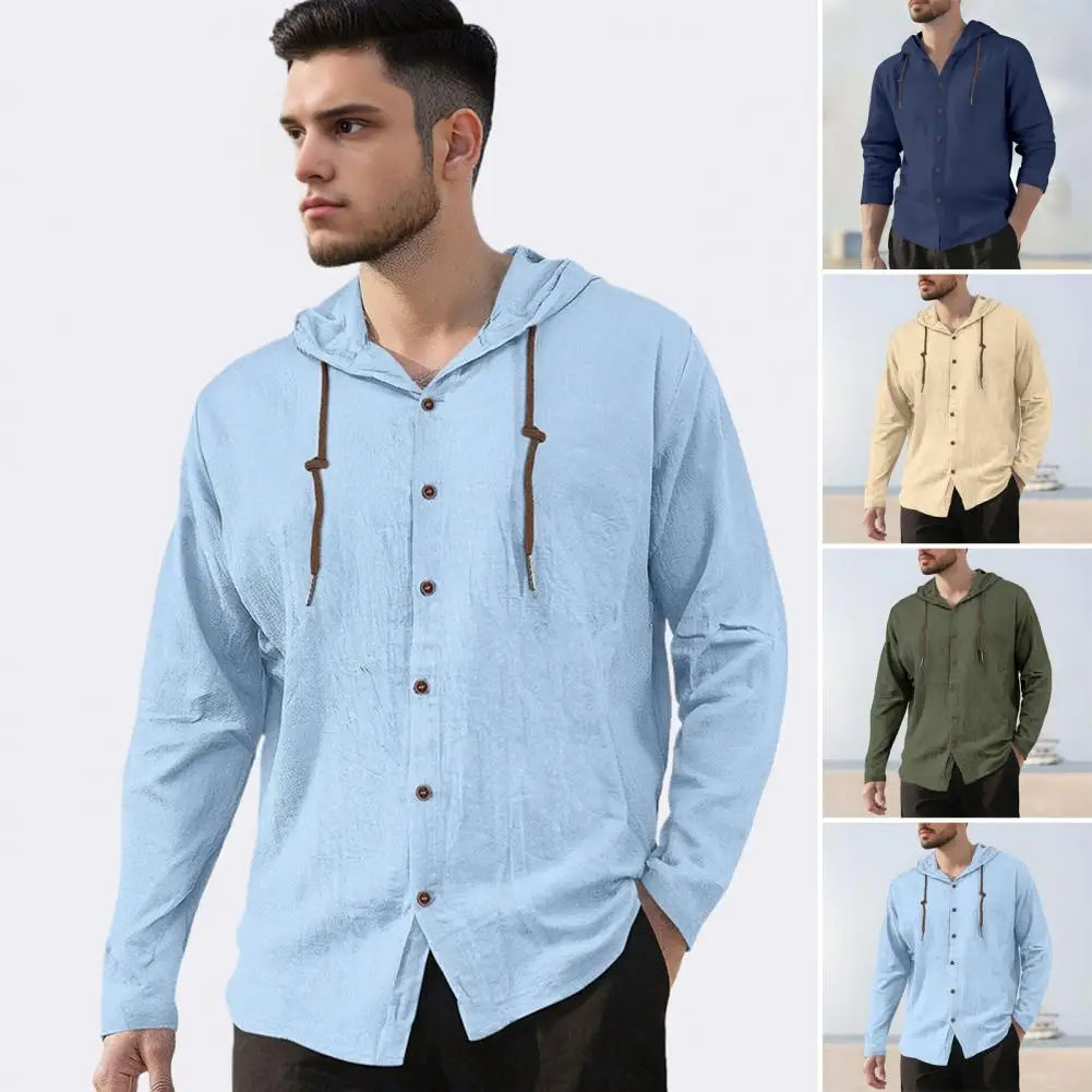 Men's Fashion Casual Shirt, Hooded Drawstring Cotton And Linen Cardigan, Trendy And Versatile Loose Beach T-shirt